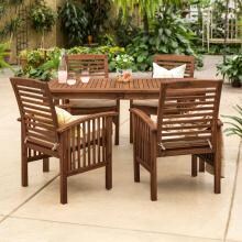 Midland 5 Piece Dark Brown Acacia Patio Dining Set W/ 60 X 34 Inch Rectangular Table & Natural Cushions By Walker Edison