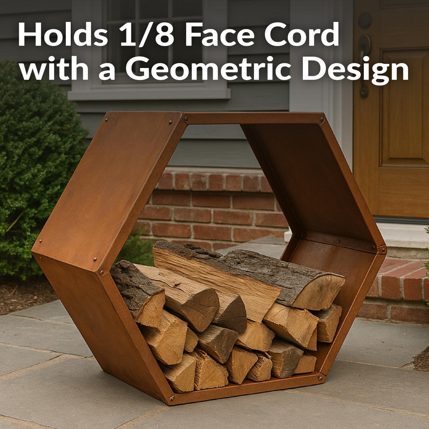 Ultimate Patio 30-Inch Hexagon Rustic Honeycomb Log Rack - Face Cord Capacity - Lifestyle thumbnail