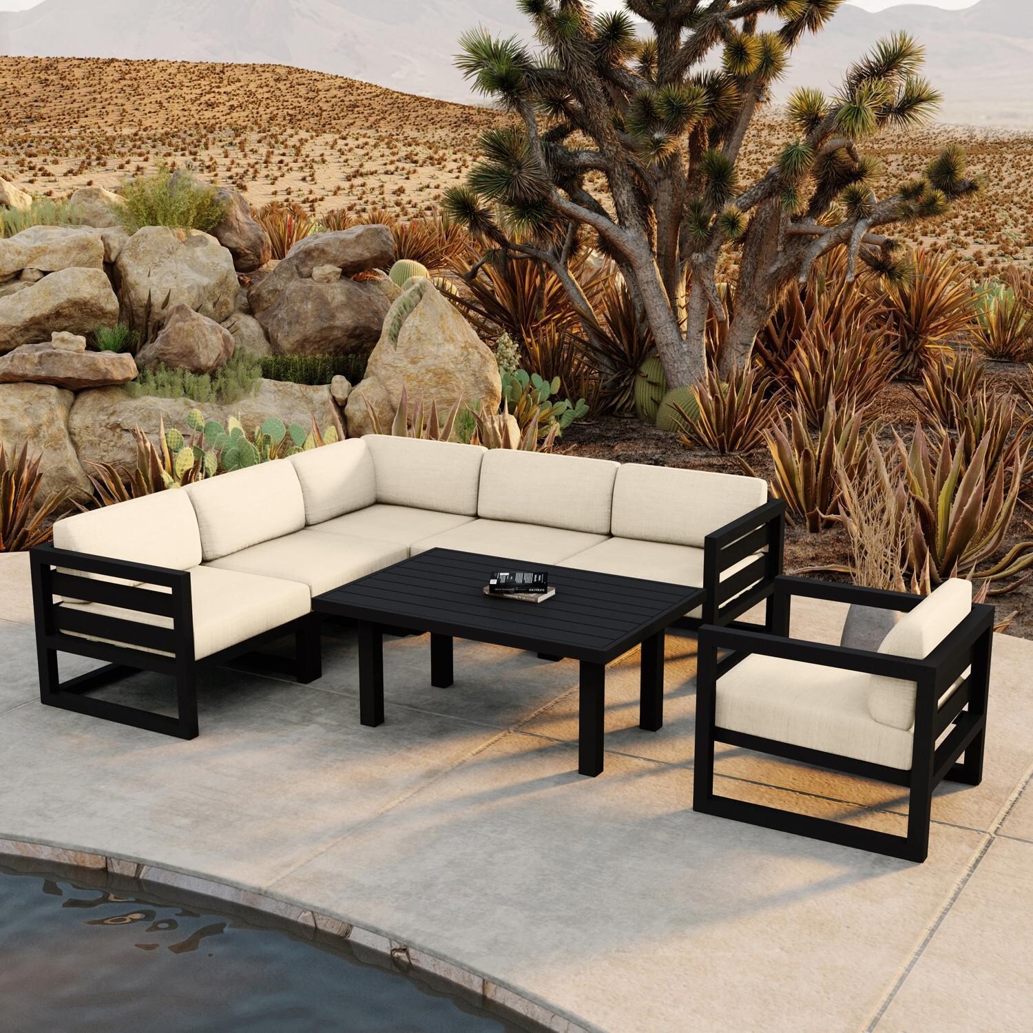 Lakeview MSTYCV-BK-SET212-CF Misty Cove 7 Pc Aluminum Sectional Set in Black w/Chat Table & Canvas Flax Cushions by Lakeview Outdoor Designs - By the Pool - Lifestyle thumbnail