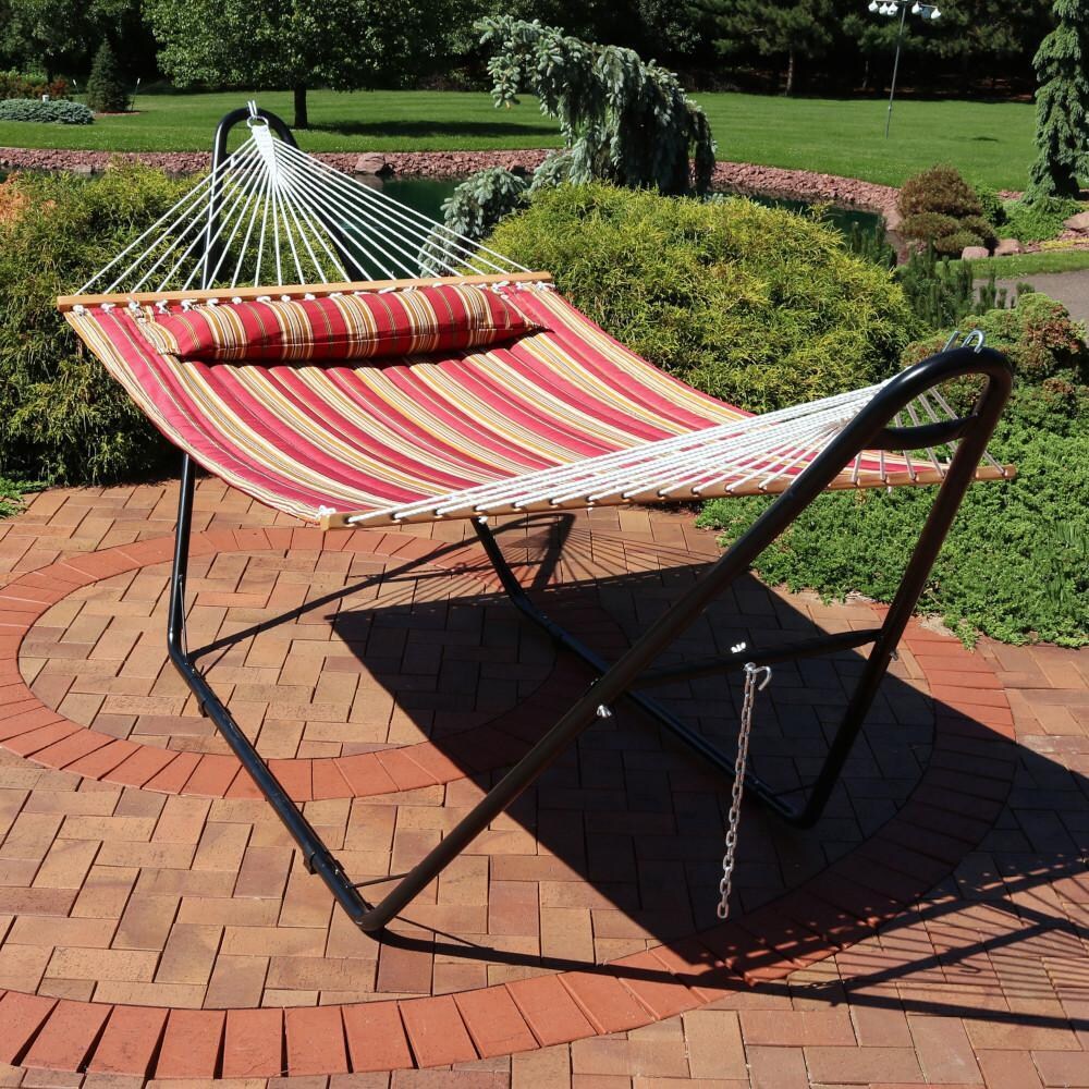 Ultimate Patio Quilted Double Hammock w/ Pillow & Universal Stand - Red Stripe - Lifestyle thumbnail
