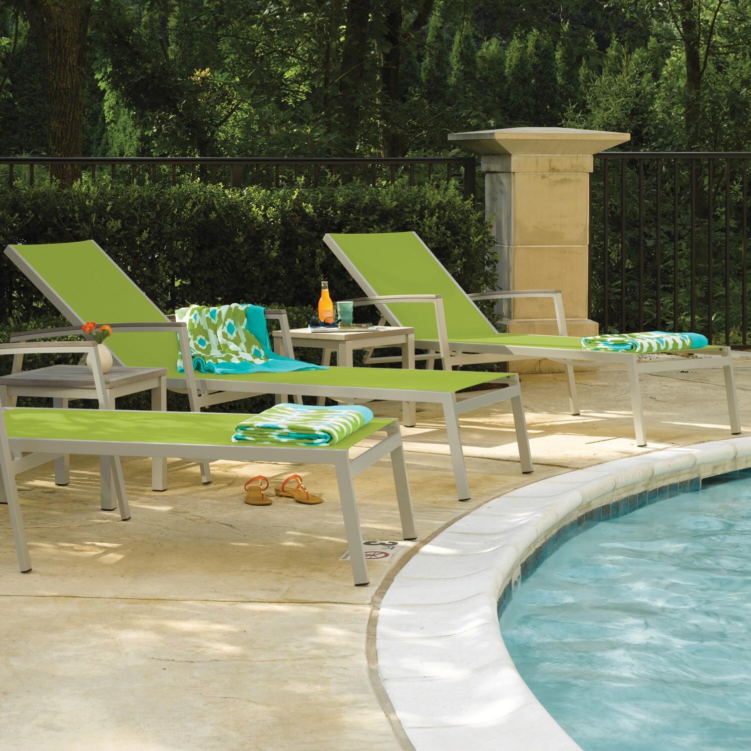 Oxford Garden Travira 4 Pc Composite Sling & Aluminum Chaise Lounge W/ Vintage Tekwood Arm Caps in Flint/Go Green - Poolside thumbnail