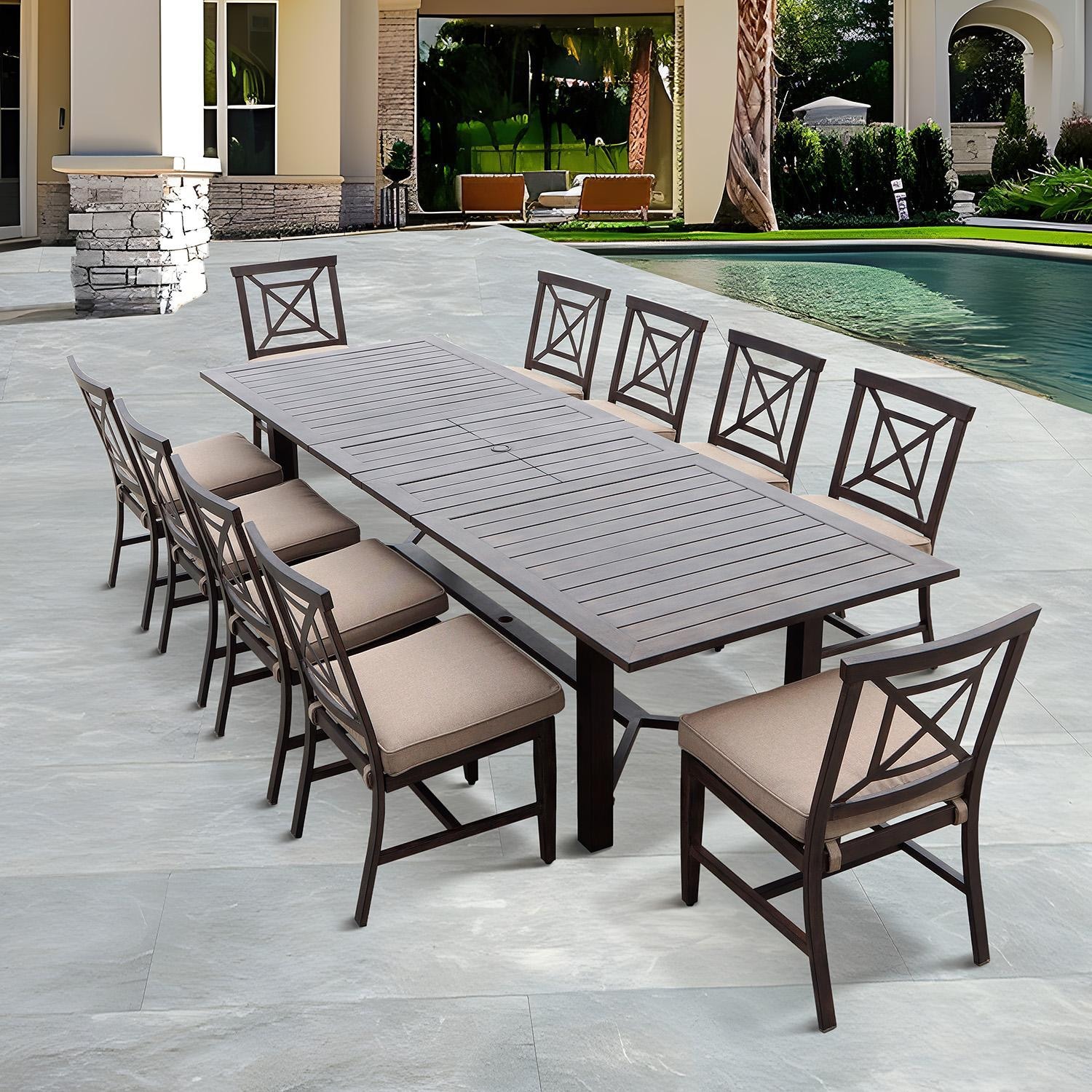 Atlantis 11 Pc Aluminum Dining Set w/ 91 X 40 Inch Extension Table in Walnut/Beige by Darlee