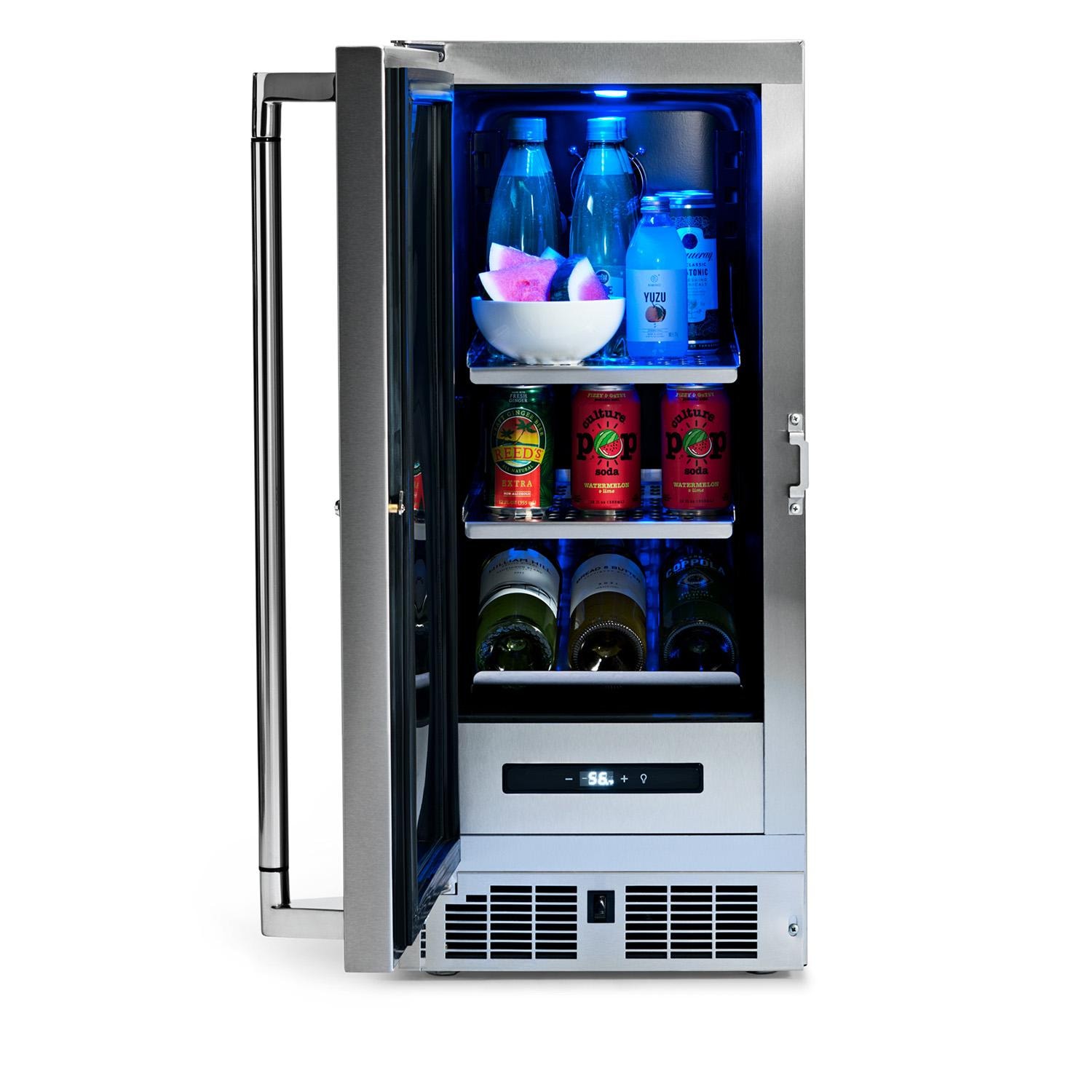 Lynx LN15REF 15-in 2.73 Cu. Ft. Outdoor Refrigerator w/ Lock - Door Open w/ Drinks - White Background thumbnail