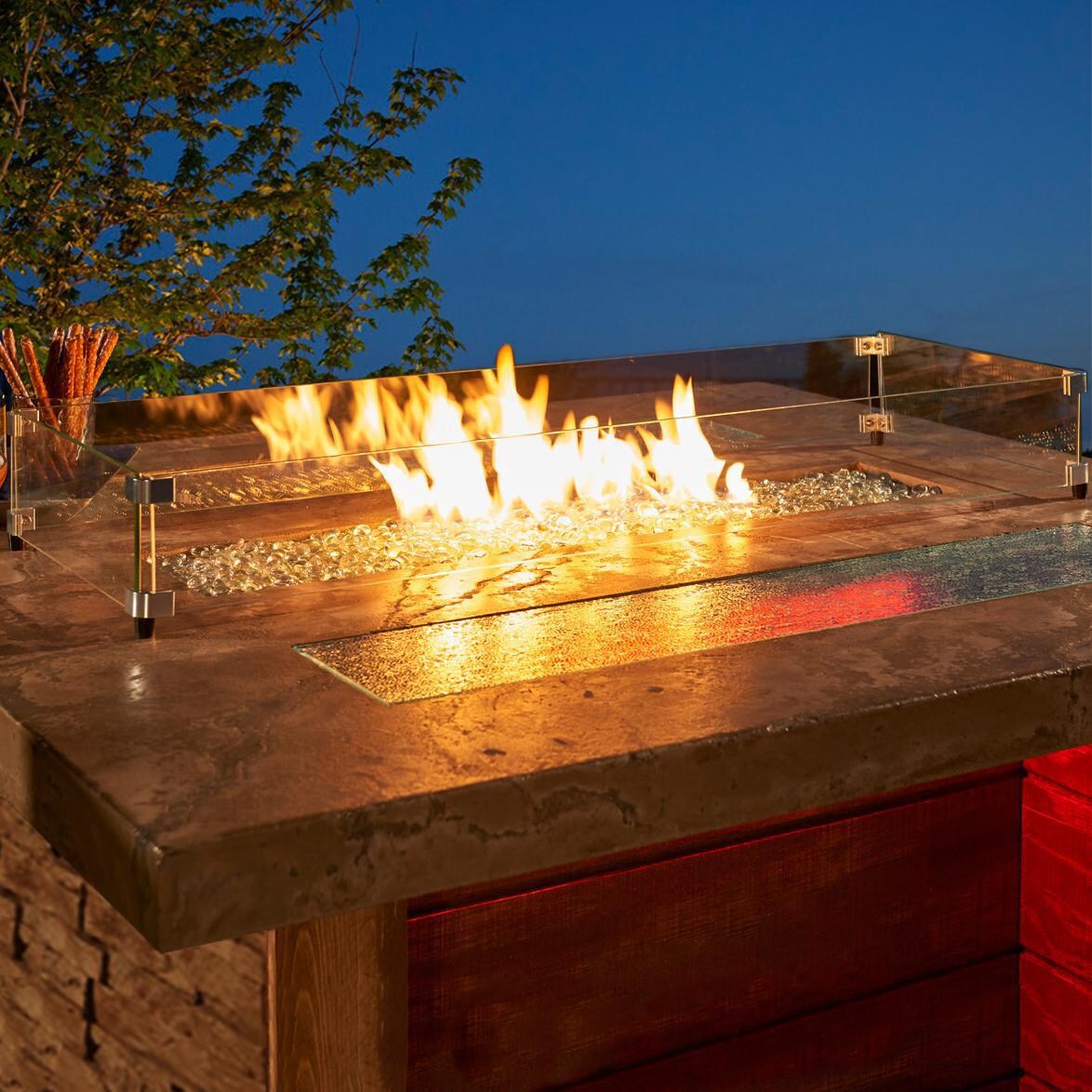 The Outdoor GreatRoom Company Marquee Rectangular Pub Height Gas Fire Pit Table - Lifestyle - Close-up