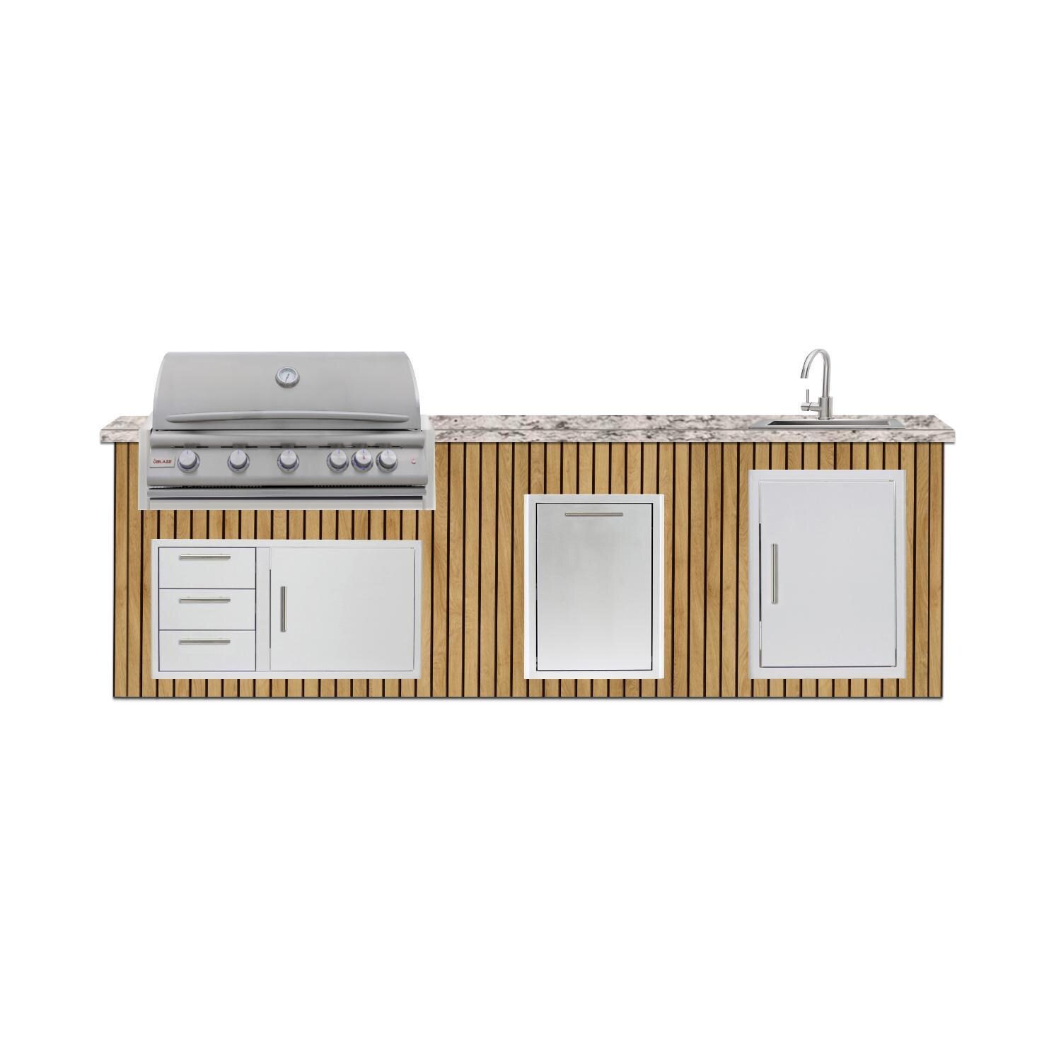 BBQGuys Signature 10 Ft Outdoor Kitchen Island w/ 40-in Blaze LTE+ Propane Grill, Sink & Double Trash Bin | Sun Bleached Oak w/ White Valley Granite