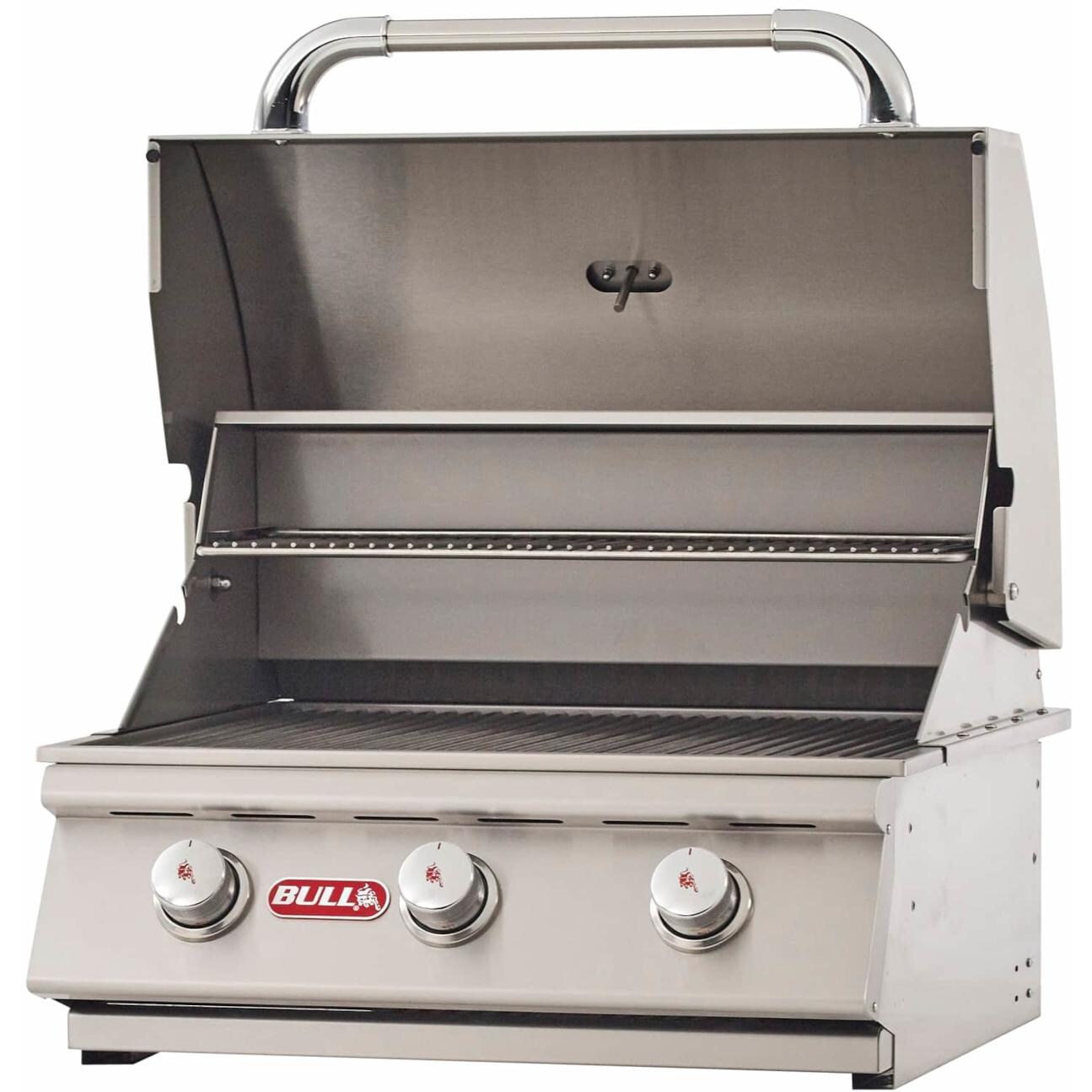 Bull 69008 Steer 25-Inch 3-Burner Built-In Gas Grill - Angled View With Hood Open thumbnail
