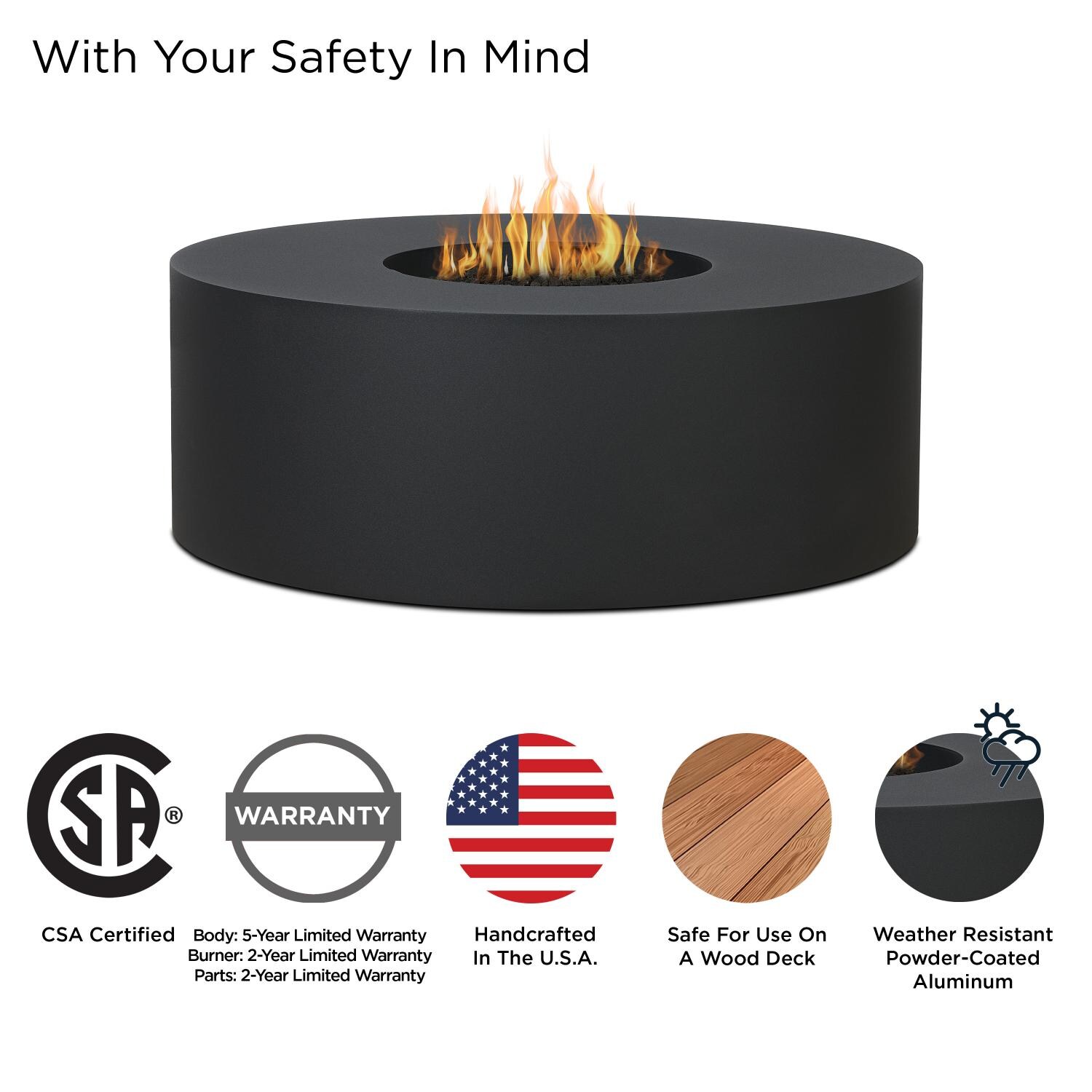 Covewood 41-in Round Aluminum Propane Fire Pit Table in Charcoal by BBQGuys Signature - Safety - Detail thumbnail