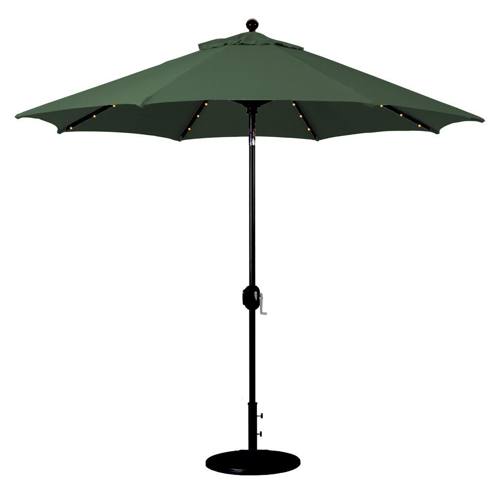 Galtech 9 Ft. Lighted LED Octagonal Aluminum Patio Market Umbrella W/ Crank Lift And Auto Tilt - Black Frame W/ Sunbrella Canvas Forest Green Canopy