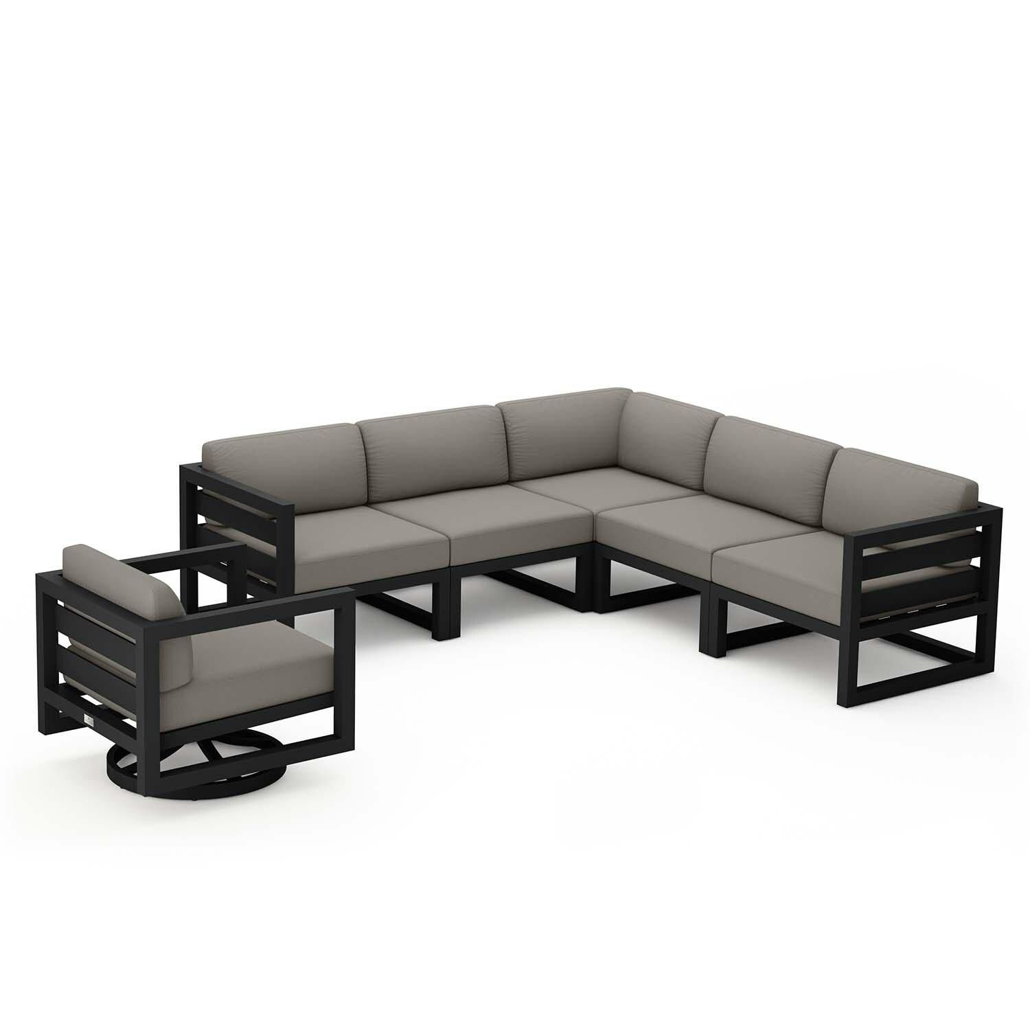 Misty Cove 6 Pc Aluminum Sectional Seating Set w/ Swivel Chairs in Black/Canvas Charcoal by Lakeview Outdoor Designs - White Background thumbnail