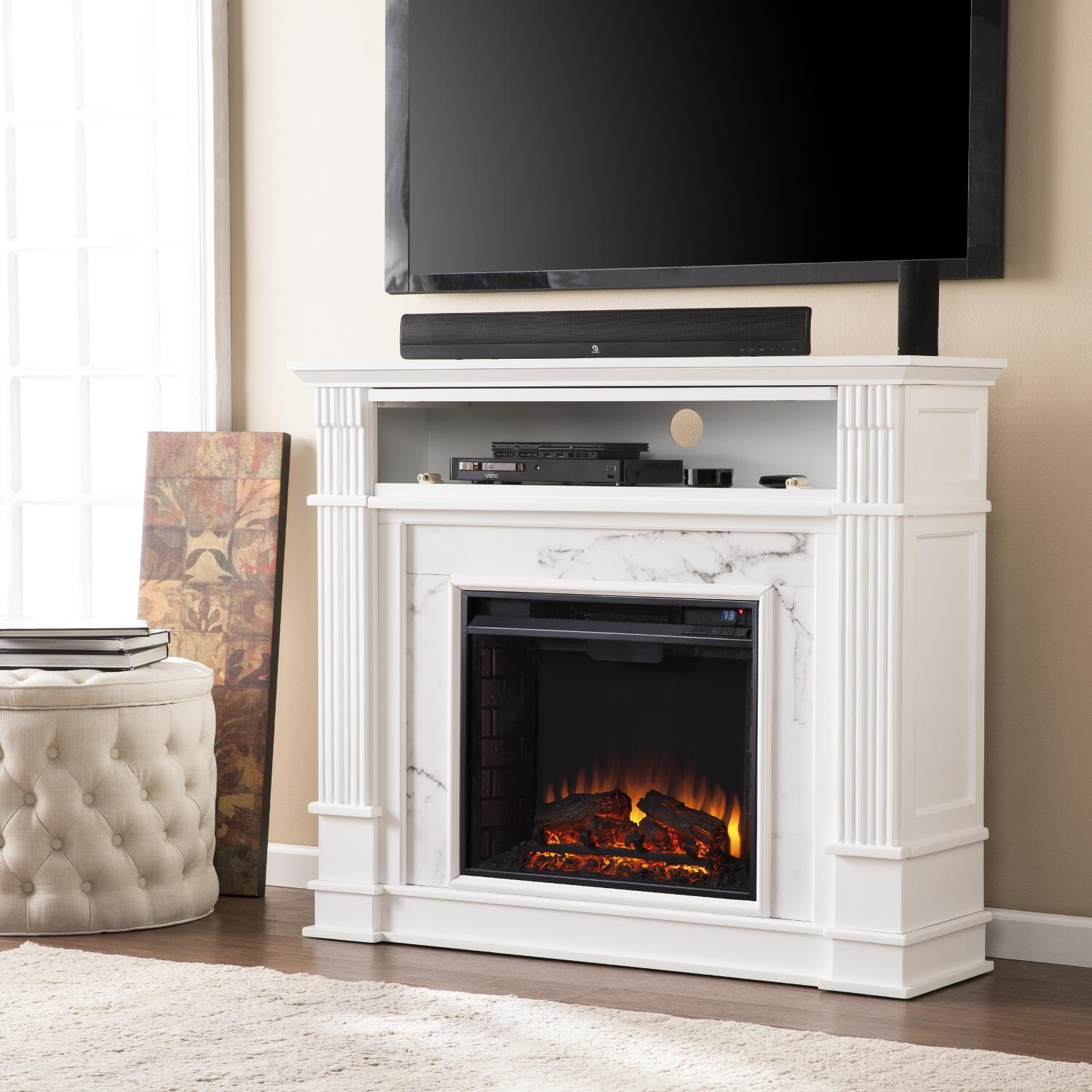 Southern Enterprises Highgate 48-Inch Electric Fireplace Mantel - White W/ Gray Veined White Faux Marble - FE9322 - Right Angled View thumbnail