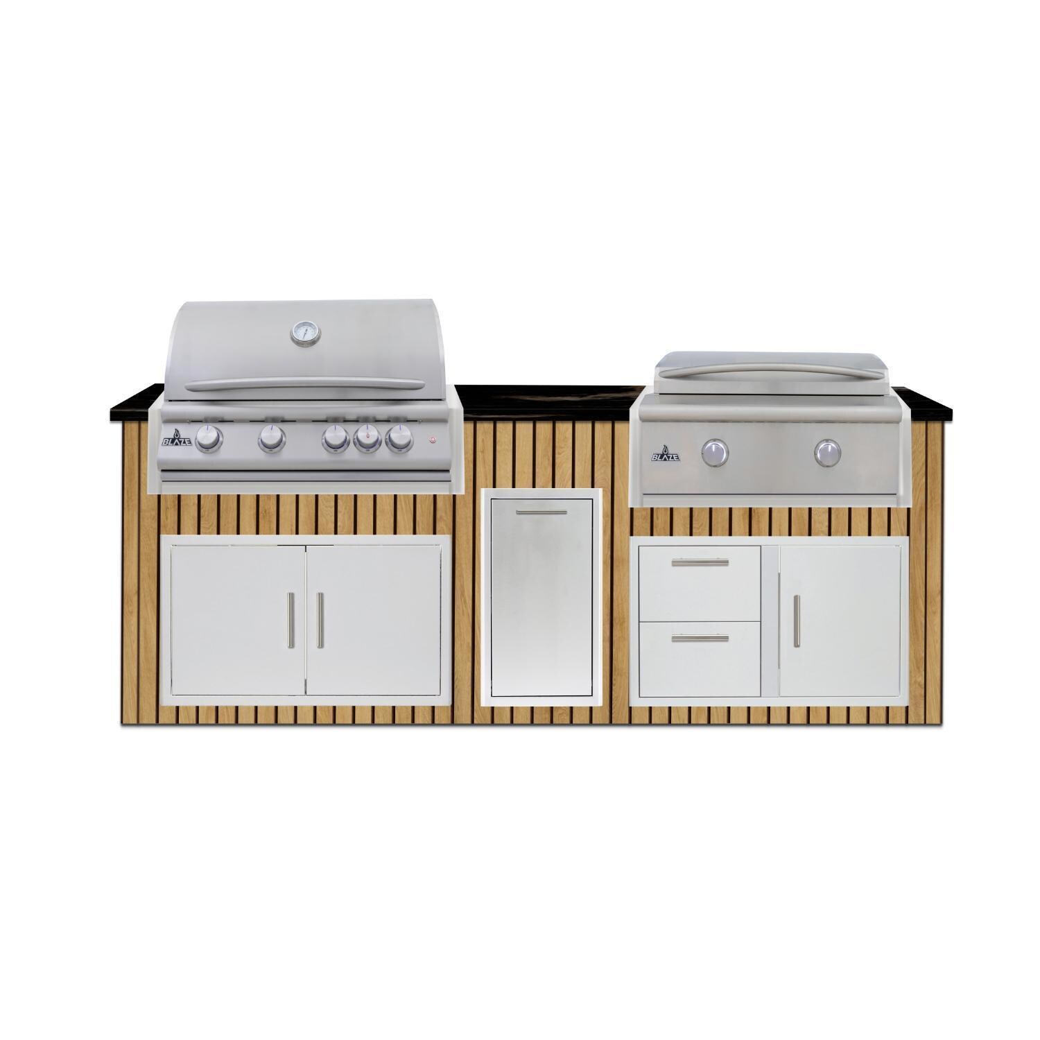 BBQGuys Signature 8 Ft Outdoor Kitchen Island w/ 32-in Blaze LTE+ Natural Gas Grill & Griddle & Narrow Trash Bin | Sun Bleached Oak w/ Nero Mist Granite - Island - White Background thumbnail