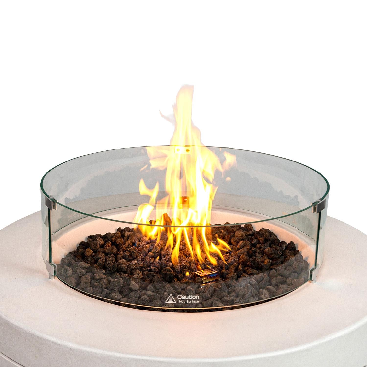 Glenwood 42-in Round Concrete Propane Gas Fire Pit w/ Access Door in White by Lakeview Outdoor Designs - Glass Wind Guard - Close Up - Detail thumbnail