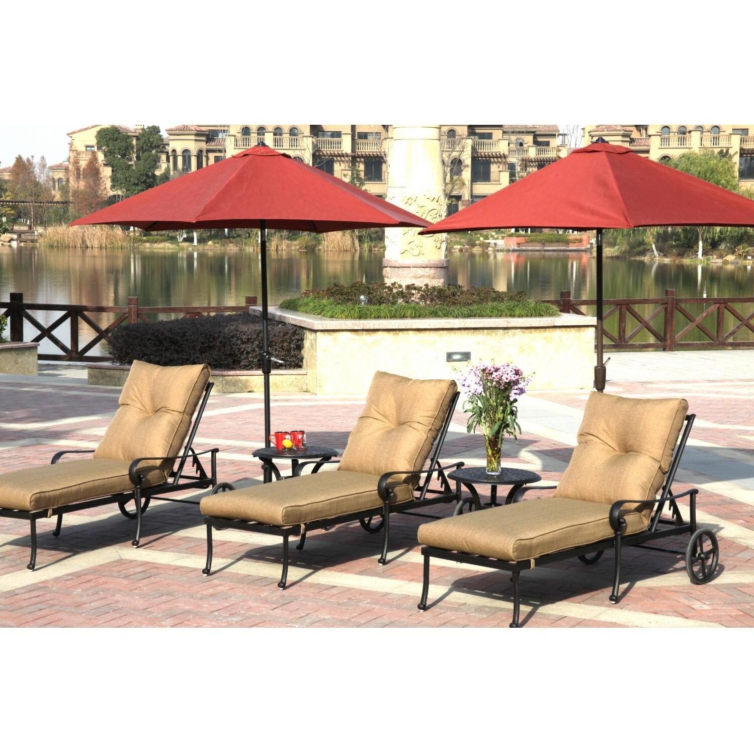 Santa Anita 7 Pc Cast Aluminum Patio Chaise Lounge Set W/ Sesame Sunbrella Cushions & Paprika Umbrellas By Darlee - Back Patio - Full View - Lifestyle thumbnail