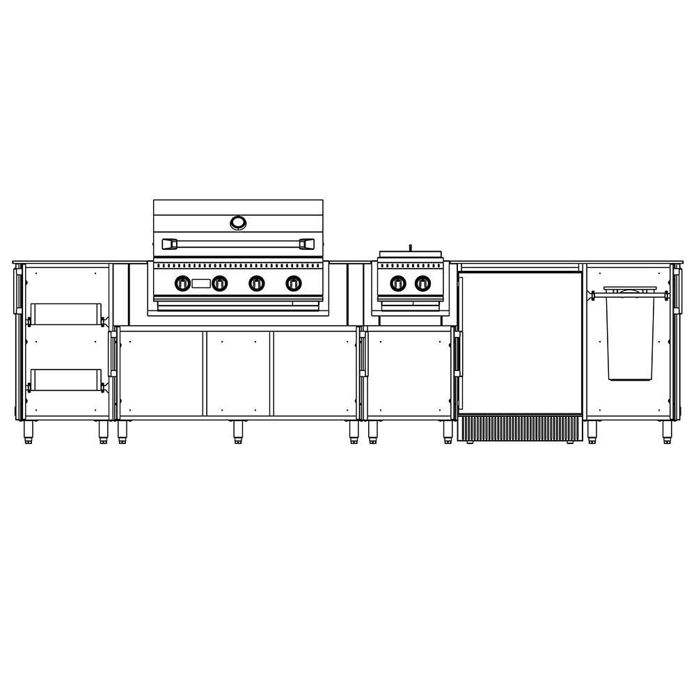 WeatherStrong Nassau 10 1/2 Ft Outdoor Kitchen Island w/ Lynx Natural Gas Grill, Side Burner & Refrigerator in Shell White/Midnight Ice - Line Drawing Open - Dimensional thumbnail