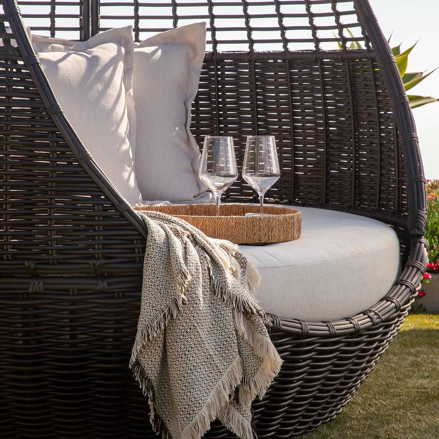 Cabo Resin Wicker Daybed in Kahlua/Soothe Pearl by Sunset West - Tray on Seat - Lifestyle thumbnail