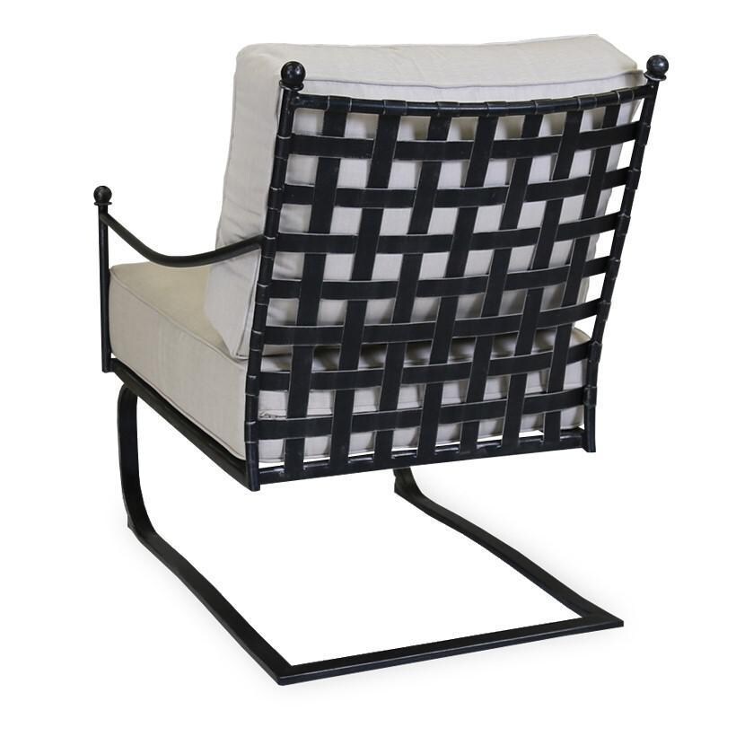 Provence Wrought Iron Rocker Club Chair W/ Sunbrella Canvas Flax Cushions By Sunset West - Back - White Background thumbnail