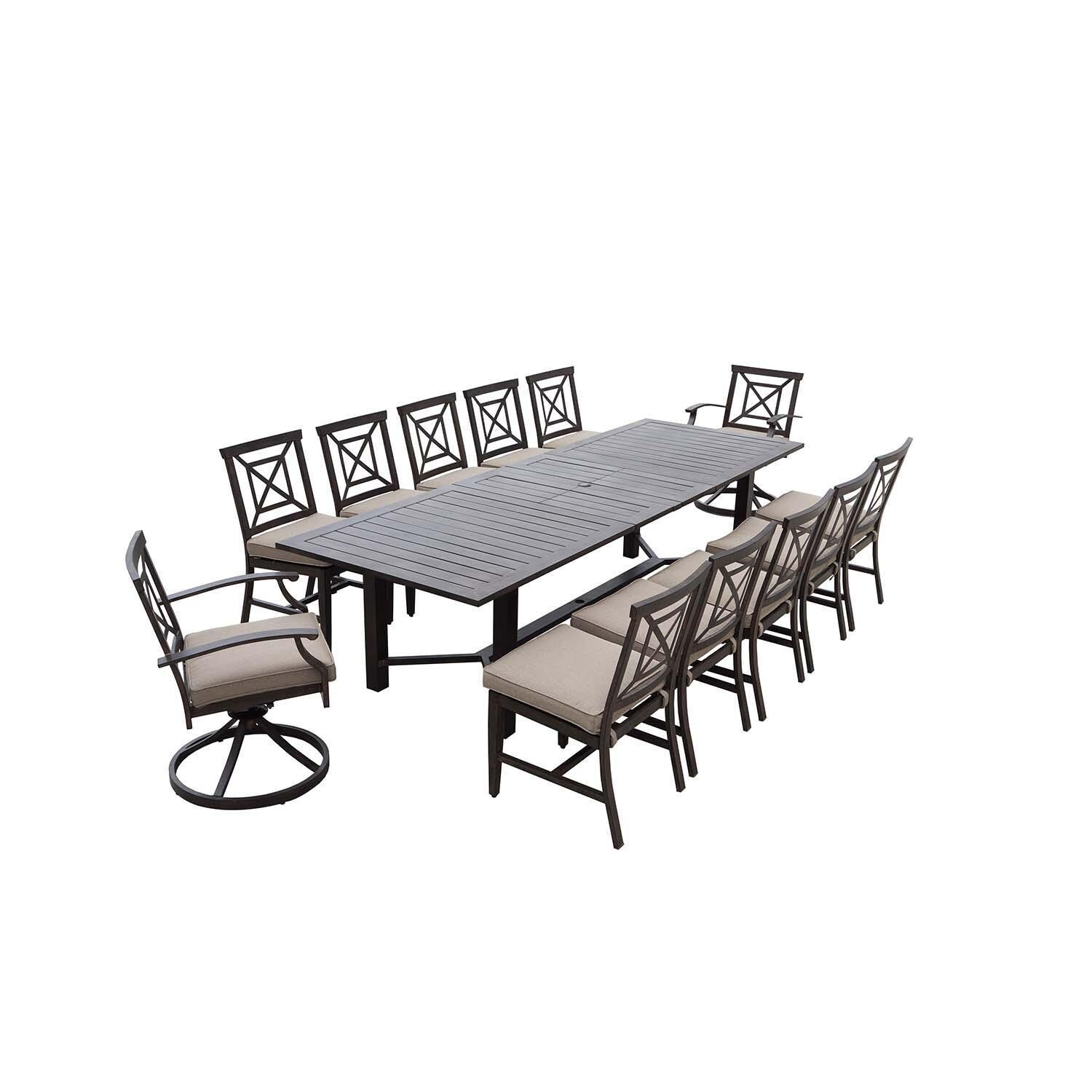 Atlantis 13 Pc Aluminum Dining Set w/ 118 Inch Table, Swivel Rockers, and Beige Cushions in Walnut By Darlee - Set - White Background thumbnail