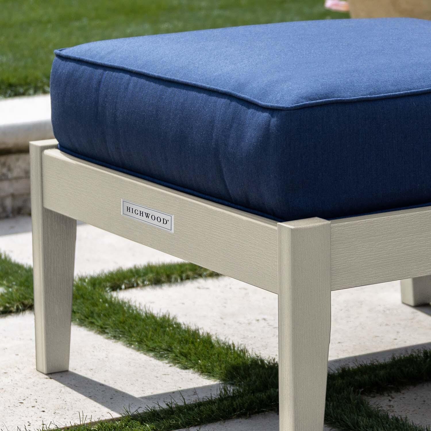 Blushing Bay Recycled Plastic Ottoman in Spectrum Indigo/Whitewash by Lakeview Outdoor Designs - Close Up - Lifestyle thumbnail