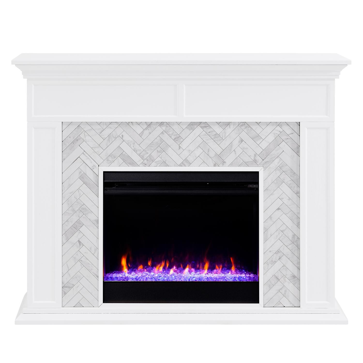 Southern Enterprises FC1009359 Torlington 50-Inch Color Changing Electric Fireplace - White W/ Gray & White Marble Tile - Front View thumbnail