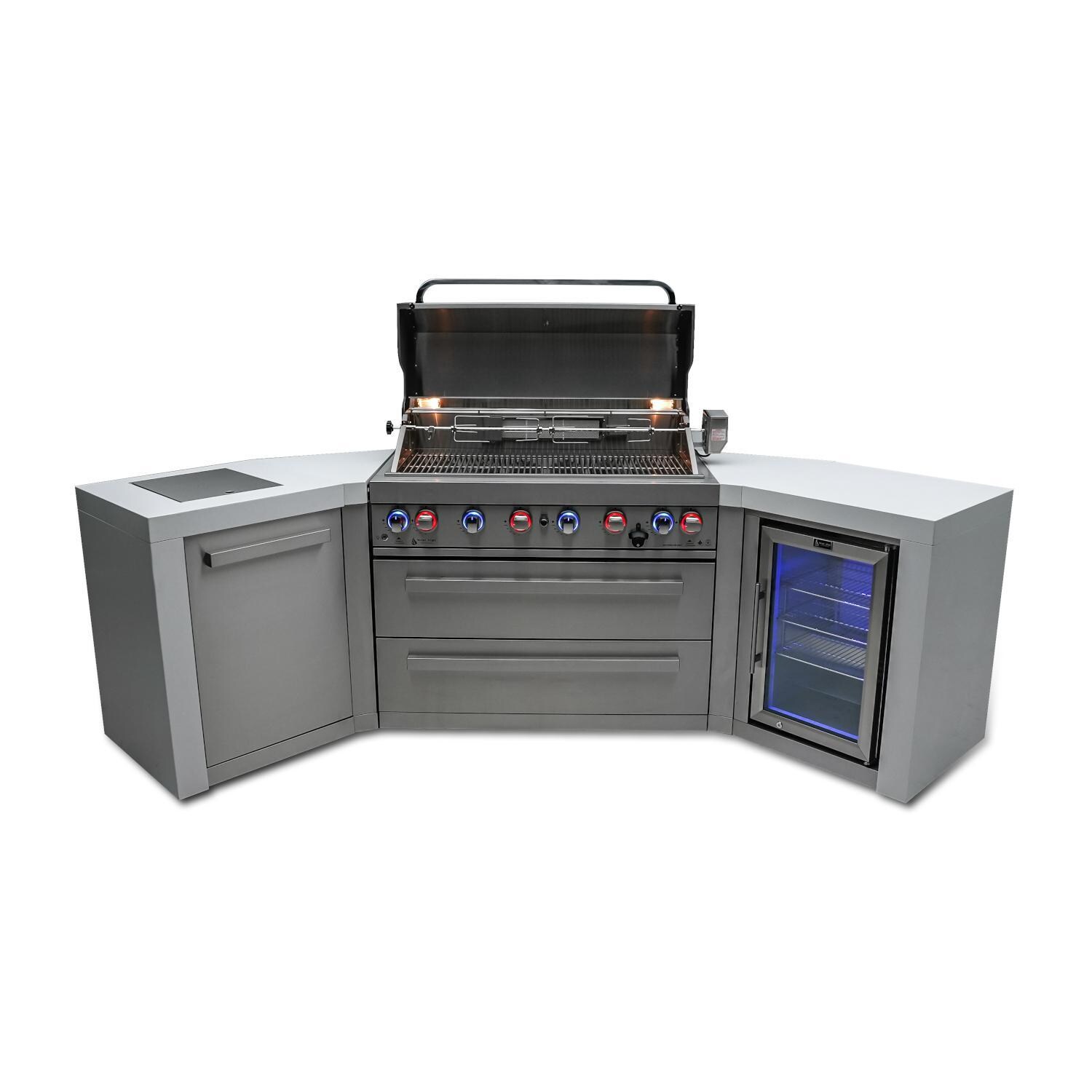 Mont Alpi MAi805-D45FC Deluxe 45 Degree Natural Gas Island Grill W/ Refrigerator Cabinet - Front View - Grill Open - White Background thumbnail