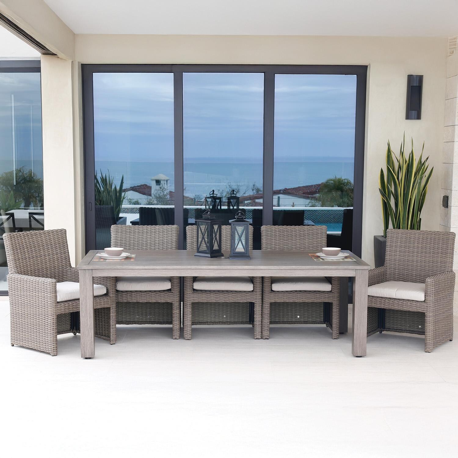 Coronado Wicker Dining Arm Chair in Driftwood/Canvas Henna by Sunset West - Shown w/ Set (Not Included) - Lifestyle thumbnail