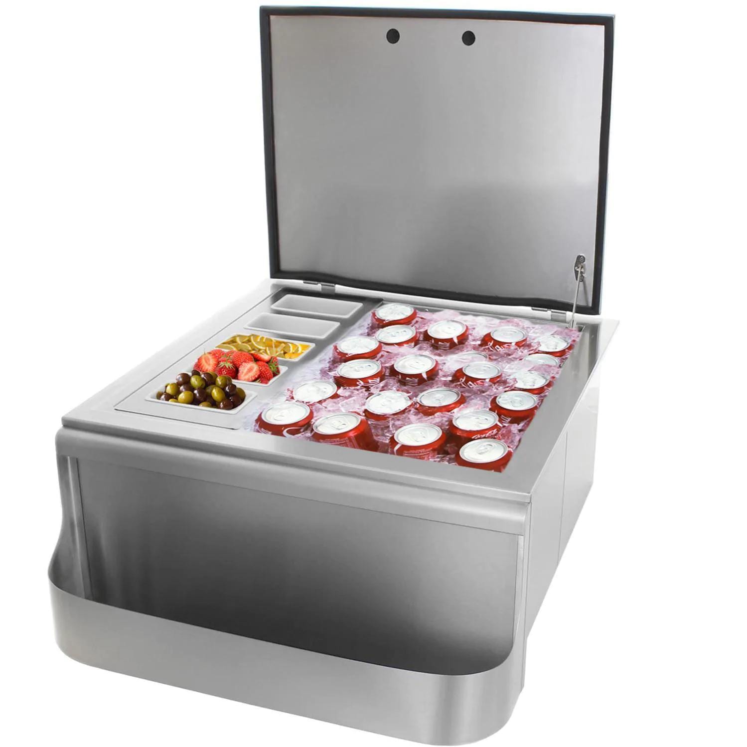 BBQGuys Signature 25-Inch Slide-In Ice Bin Cooler With Speed Rail & Condiment Holder - Slide-In - White Background thumbnail