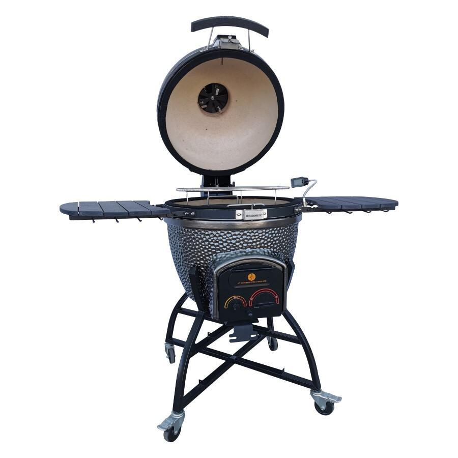 Vision Grills XD-402MG Vision Elite Series XD402 Deluxe 20-Inch Kamado Grill - Metallic Gun Metal Grey - Open From Left thumbnail