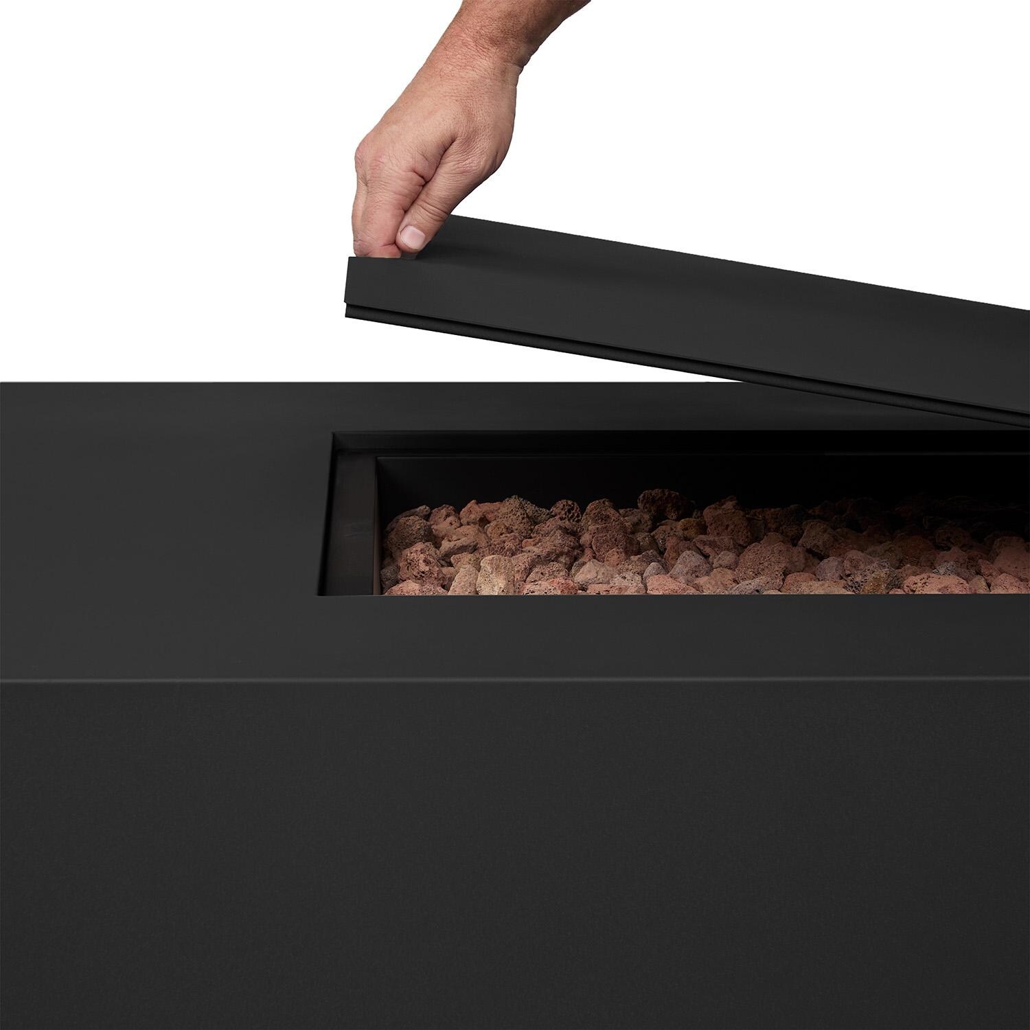 Elysian 75-in Rectangular Steel Propane Fire Pit Table in Black by Lakeview - Lifting Lid - Detail thumbnail