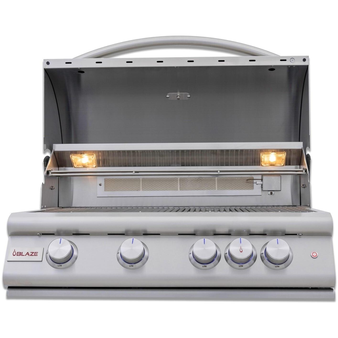 Blaze BLZ-4LTE3-NG Premium LTE+ 32-Inch 4-Burner Built-In Natural Gas Grill With Rear Infrared Burner & Lift-Assist Hood - Front View - Open - White Background thumbnail