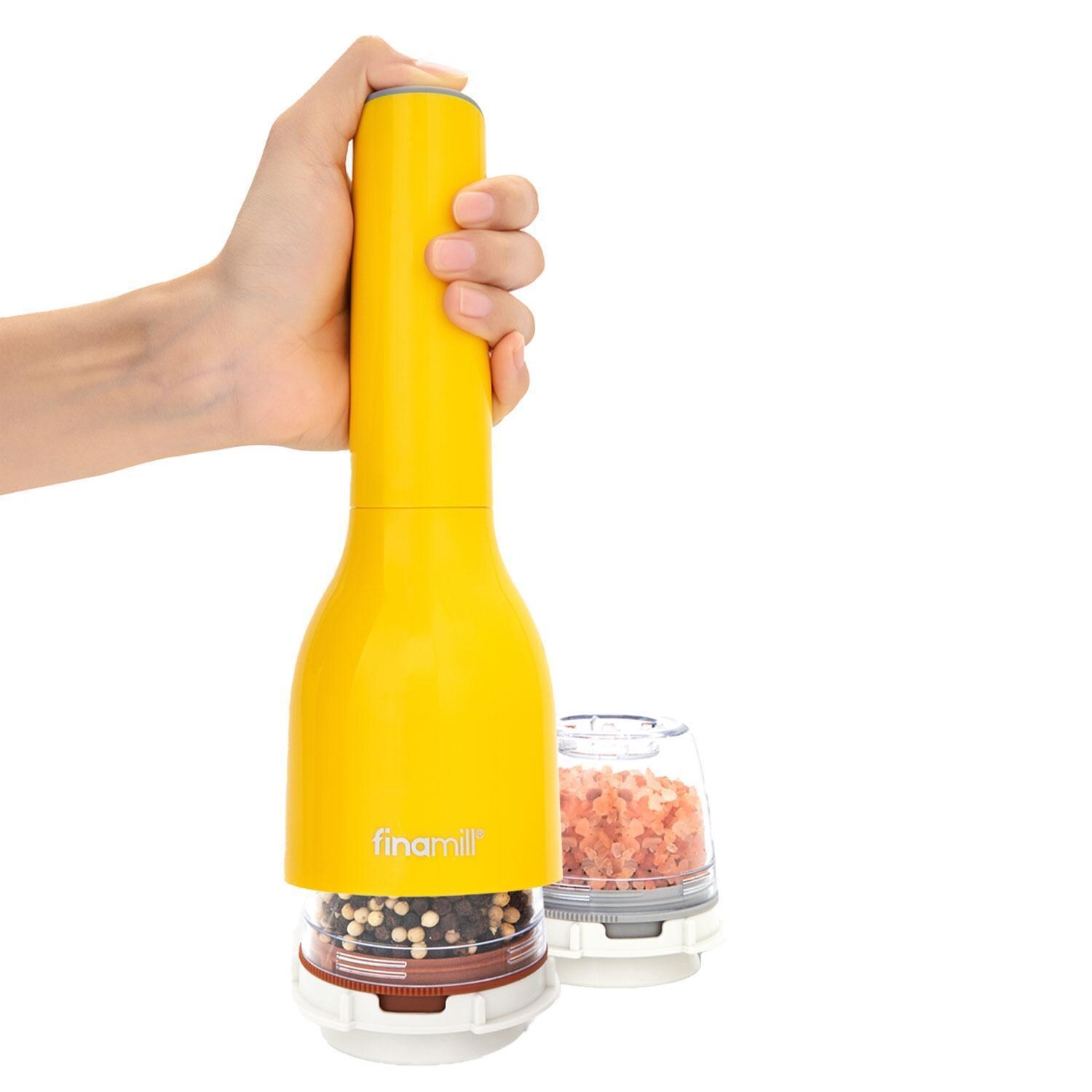 FinaMill GP803437-111CNY Classic Battery-Operated Spice Grinder in Canary w/ 1 Everyday Pod & 1 Peppercorn Pod - Easy Hand Grip - White Background thumbnail