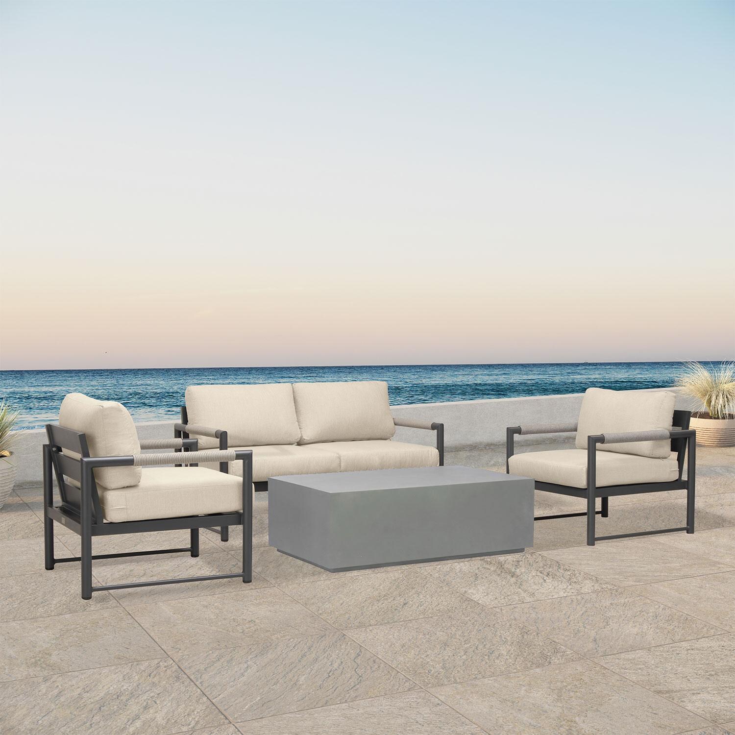 Lakeview AVEBAY-BK-CO-SET111-CF Avenue Bay Black/Carbon 5 Pc Loveseat Set - Canvas Flax - Angled On Patio - Lifestyle thumbnail