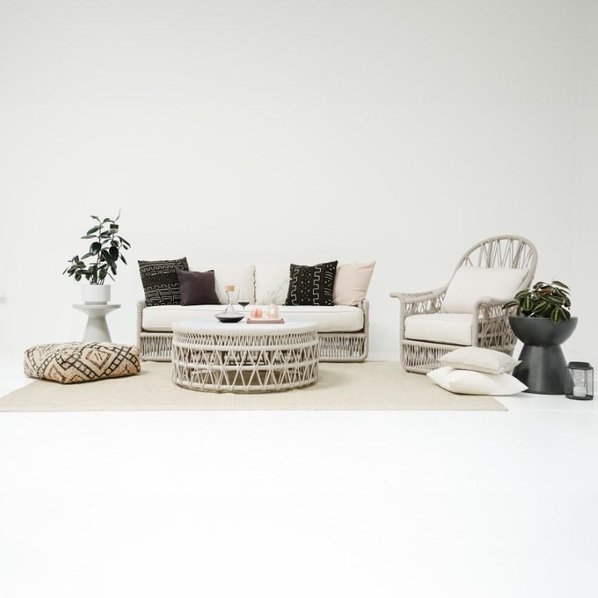 Dana 3 Person Woven Rope Sofa w/ Self Welt in Natural/Canvas Skyline by Sunset West - Shown w/ Companion Pieces - Lifestyle thumbnail