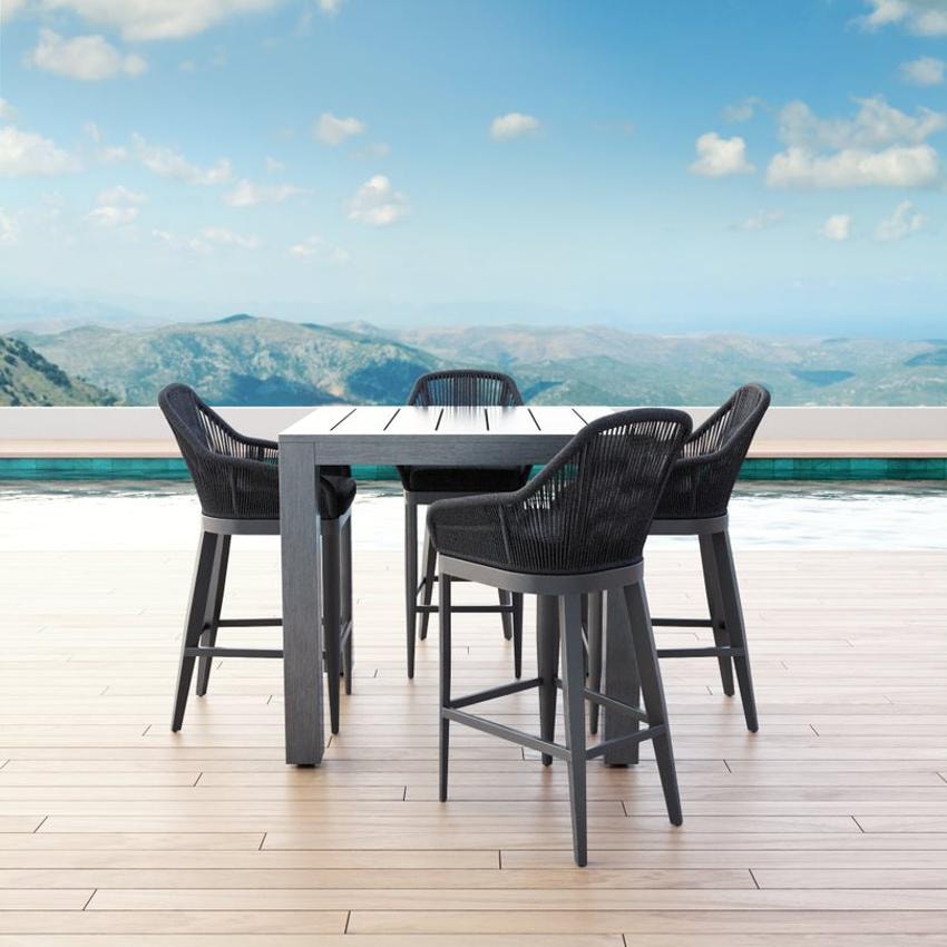 Milano 5 Piece Olefin Rope & Aluminum Patio Bar Set W/ Pub Table & Sunbrella Echo Ash Cushions By Sunset West