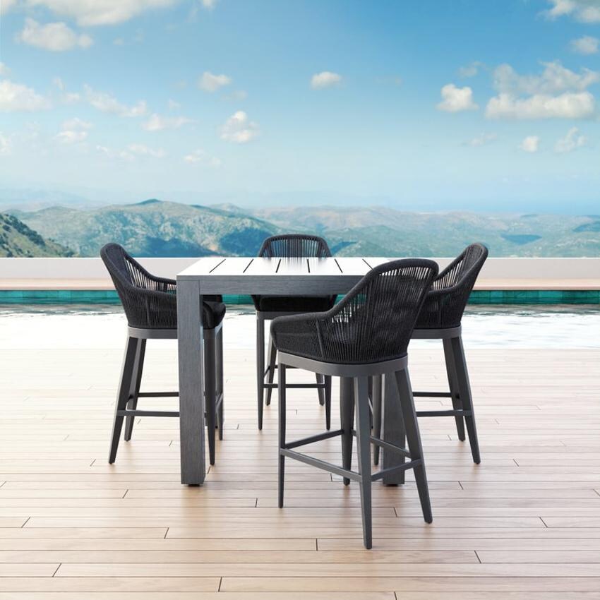Sunset West - Milano 5 Piece Olefin Rope & Aluminum Patio Bar Set W/ Pub Table & Sunbrella Echo Ash Cushions thumbnail