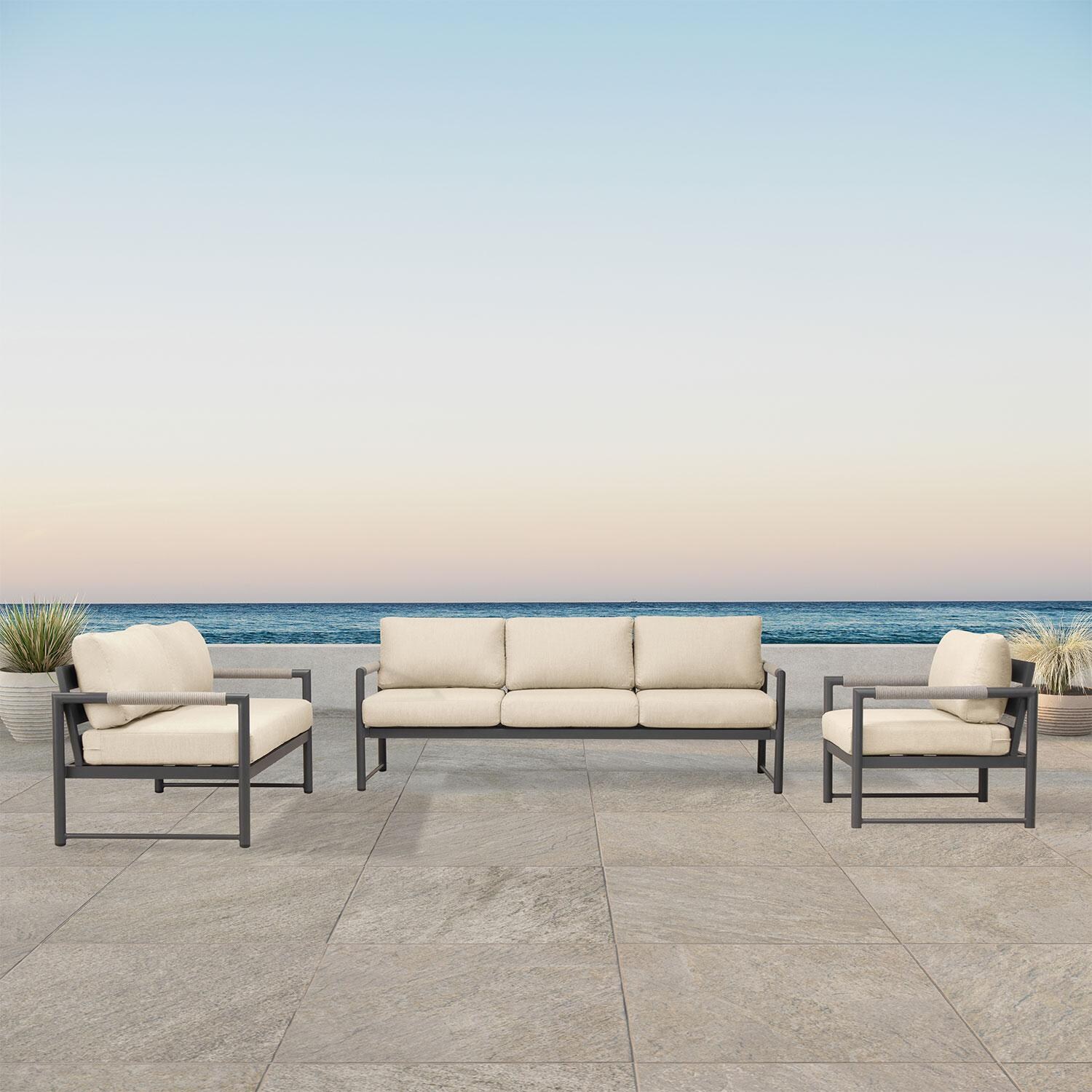 Avenue Bay 3 Pc Aluminum Sofa Seating Set in Slate/Canvas Flax by Lakeview Outdoor Designs