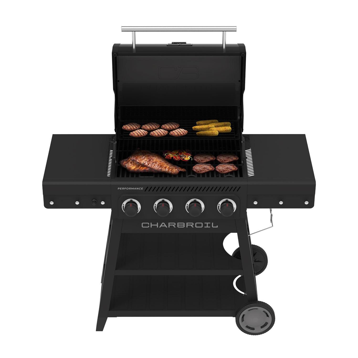 Charbroil 463348825 Performance Series 4-Burner Propane Grill A-Frame Cart - Black & Stainless Steel - Lid Open - White Background thumbnail