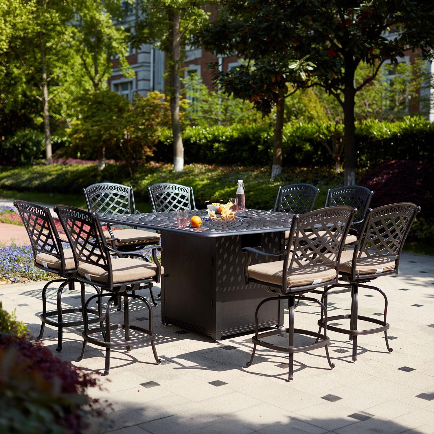 Darlee 201030-9PC-60GHW Sedona 9 Piece Cast Aluminum Patio Counter Height Fire Pit Bar Set W/ 64 Inch Square Table & Beige Canvas Cushions thumbnail