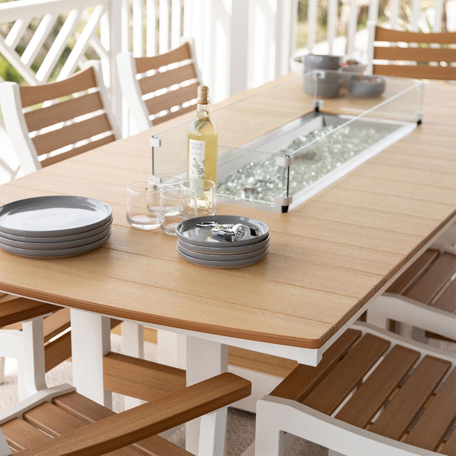 Berlin Gardens Garden Classic Regular Natural Teak Top w/ White Base 96 Inch Fire Pit Dining Set - Table Material - Detail thumbnail
