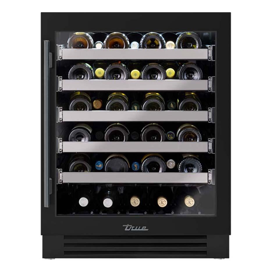 True TUWADA-24-RG-A~027-H05 ADA Height 24 Inch 40 Bottle Right Hinge Glass Door Outdoor Wine Cabinet - Matte Black w/ Pewter Handle - White Background thumbnail