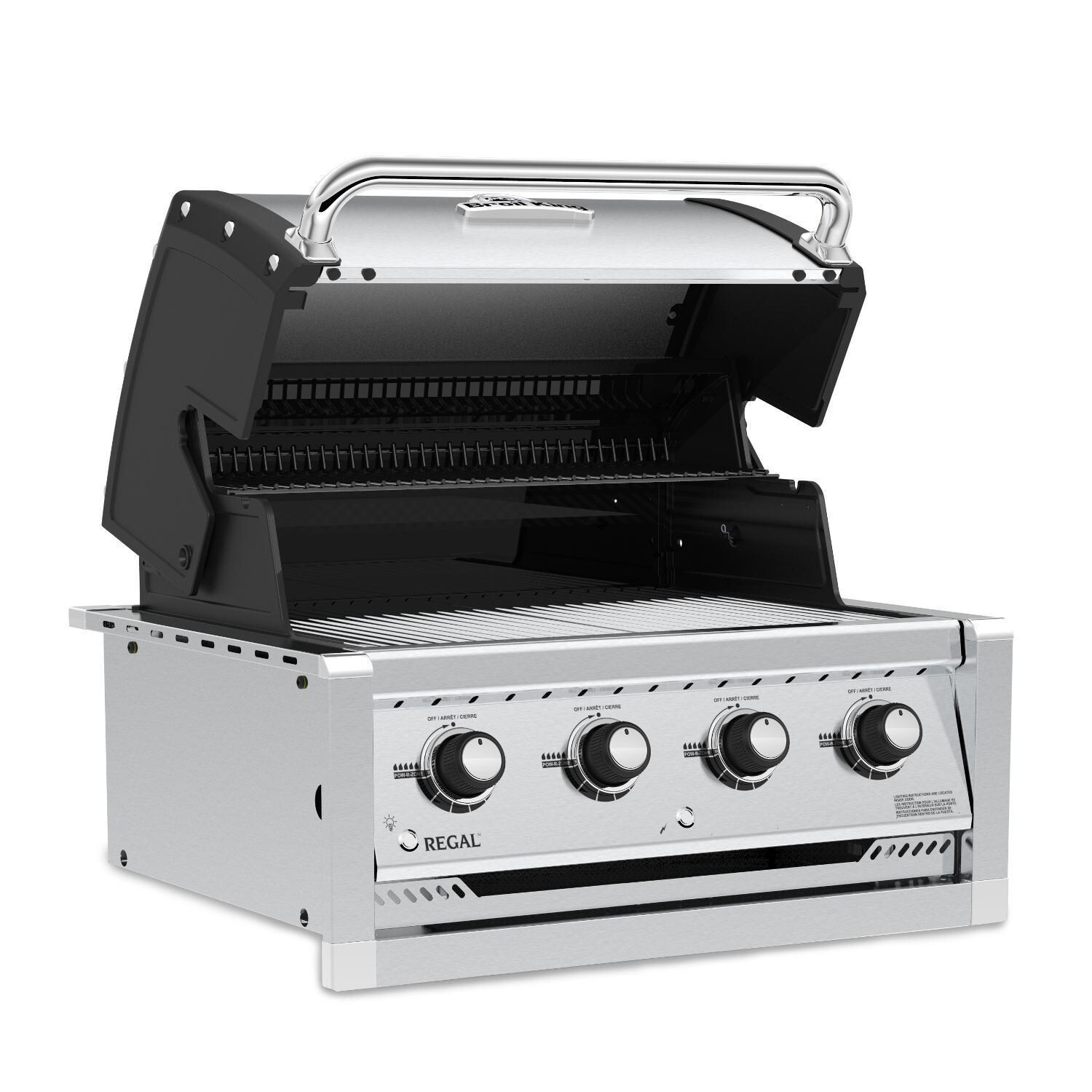 Broil King 885714 Regal S420 4-Burner Built-In Propane Gas Grill - Stainless Steel - Left-Side Angled View With Hood Open thumbnail