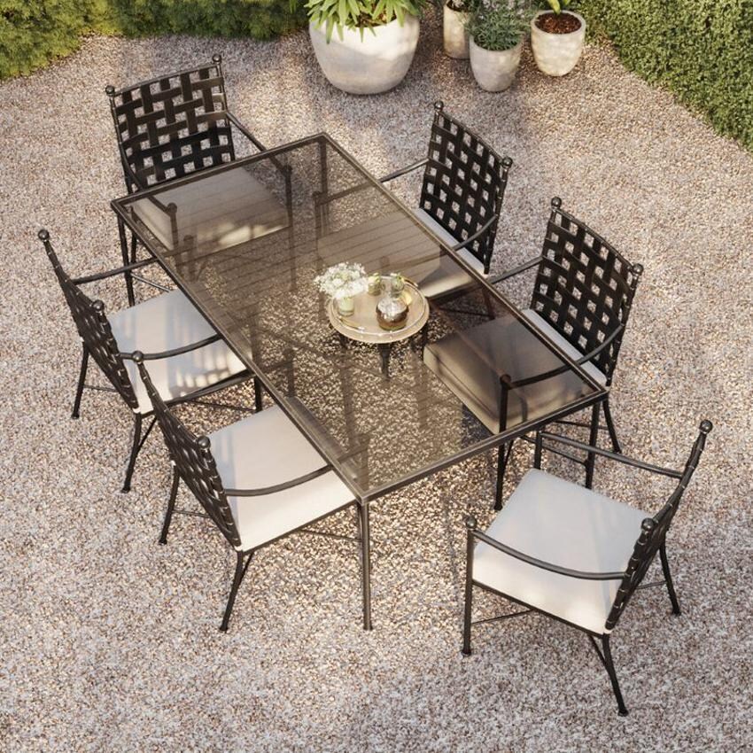 Provence 7 Pc Wrought Iron Dining Set W/Sunbrella Canvas Flax Cushions in Century Pewter By Sunset West - Lifestyle thumbnail