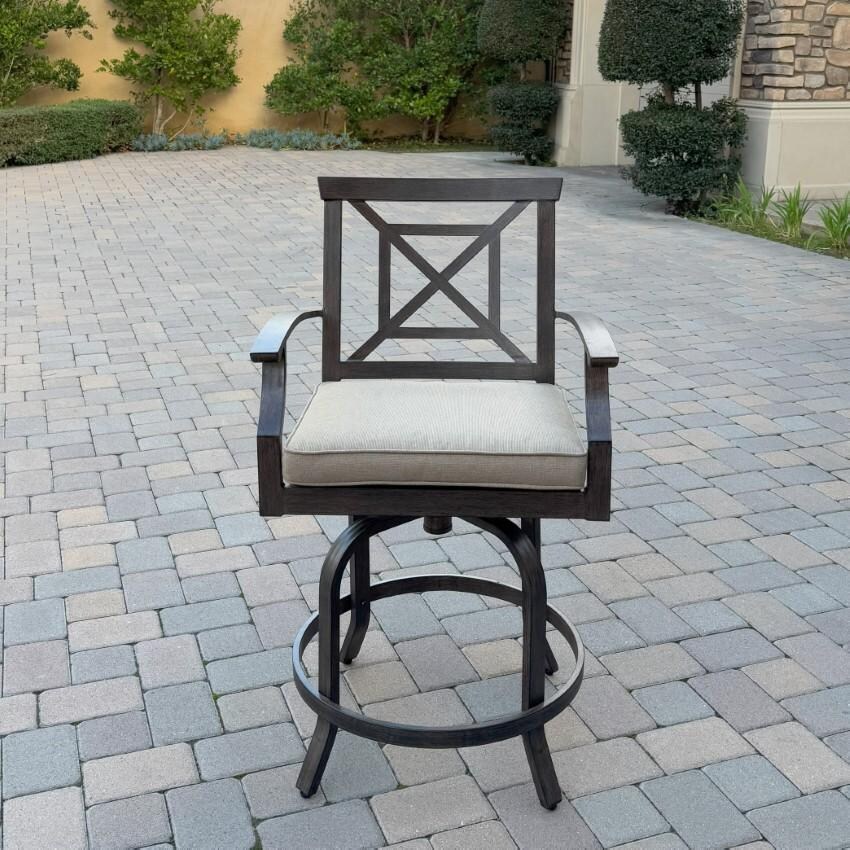 Atlantis Aluminum Counter Height Swivel Bar Stool Set of 2 w/ Beige Cushions in Walnut By Darlee - Single Chair Front View - Lifestyle thumbnail