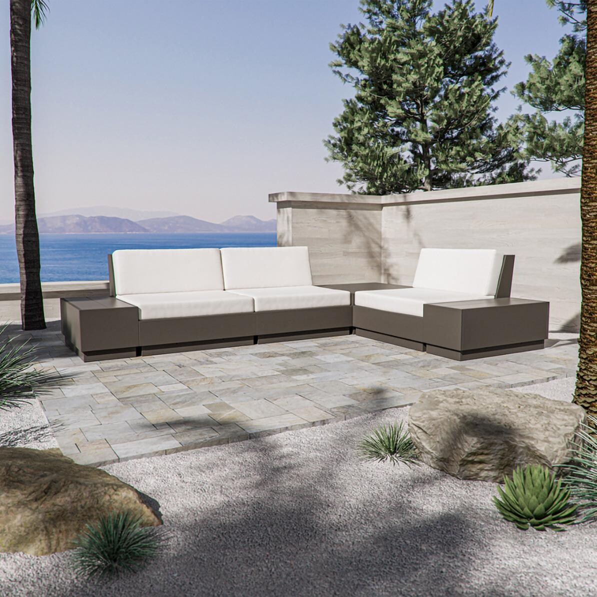 Elevate 6 Pc Recycled Plastic Sectional Seating Set in Vintage White/Navy Linen By PW Designer Series - On the Patio (Shown in Vintage Coffee/Dune Burlap) - Lifestyle thumbnail