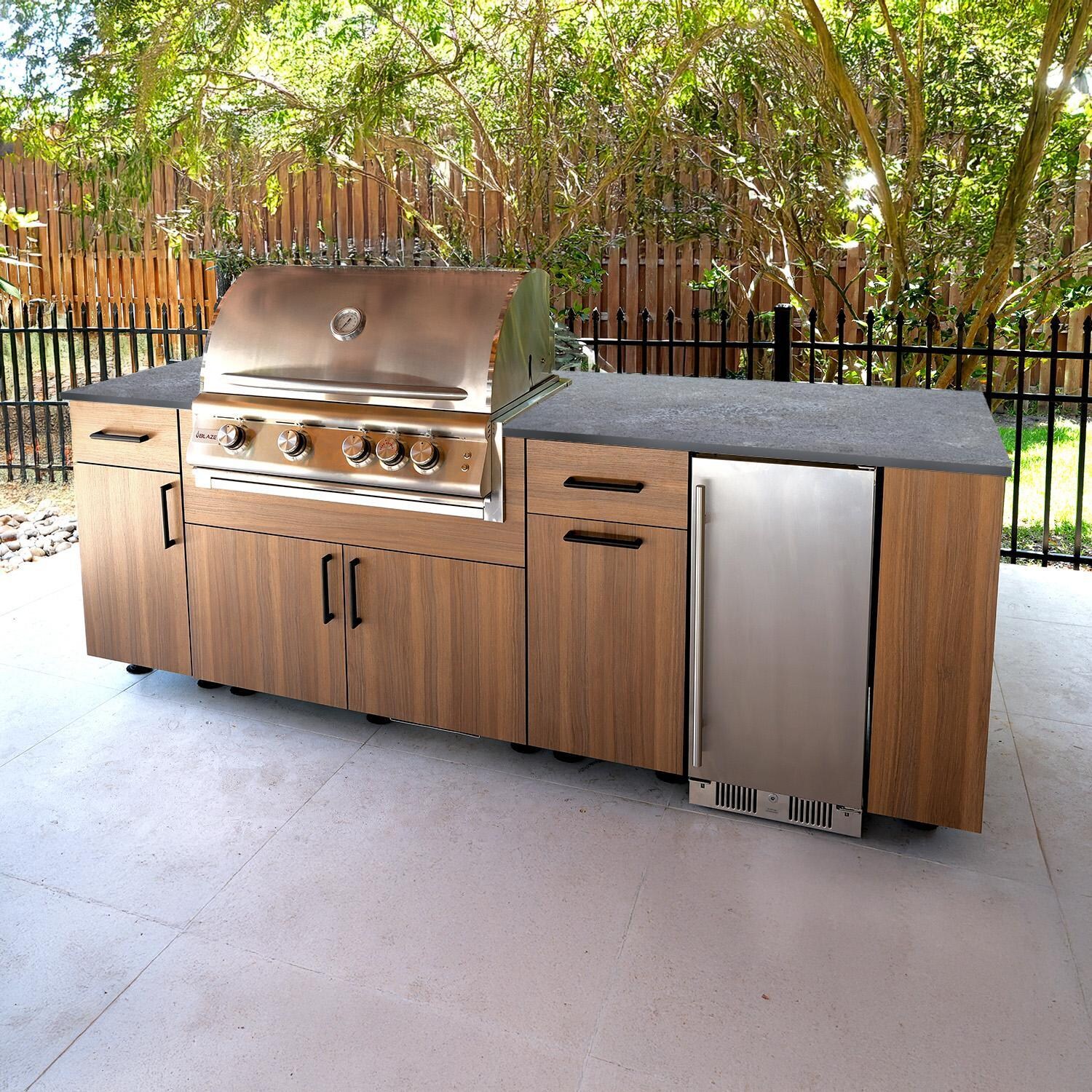 BBQGuys Signature Oasis 8 Ft Outdoor Kitchen Island w/ Blaze Propane Grill & Refrigerator in Noce Havana/Lunar Grey - Island - Lifestyle thumbnail