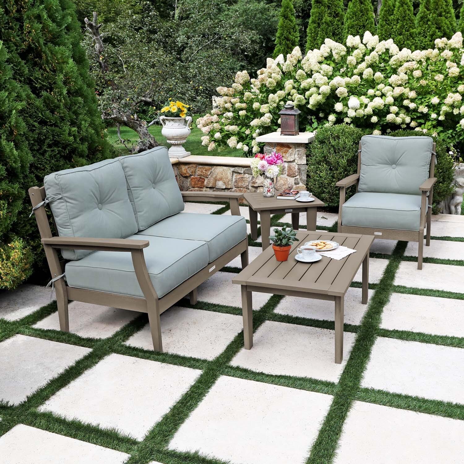 Blushing Bay 4 Pc Recycled Plastic Seating Set in Canvas Seasalt/Woodland Brown by Lakeview Outdoor Designs - Side View - Lifestyle thumbnail