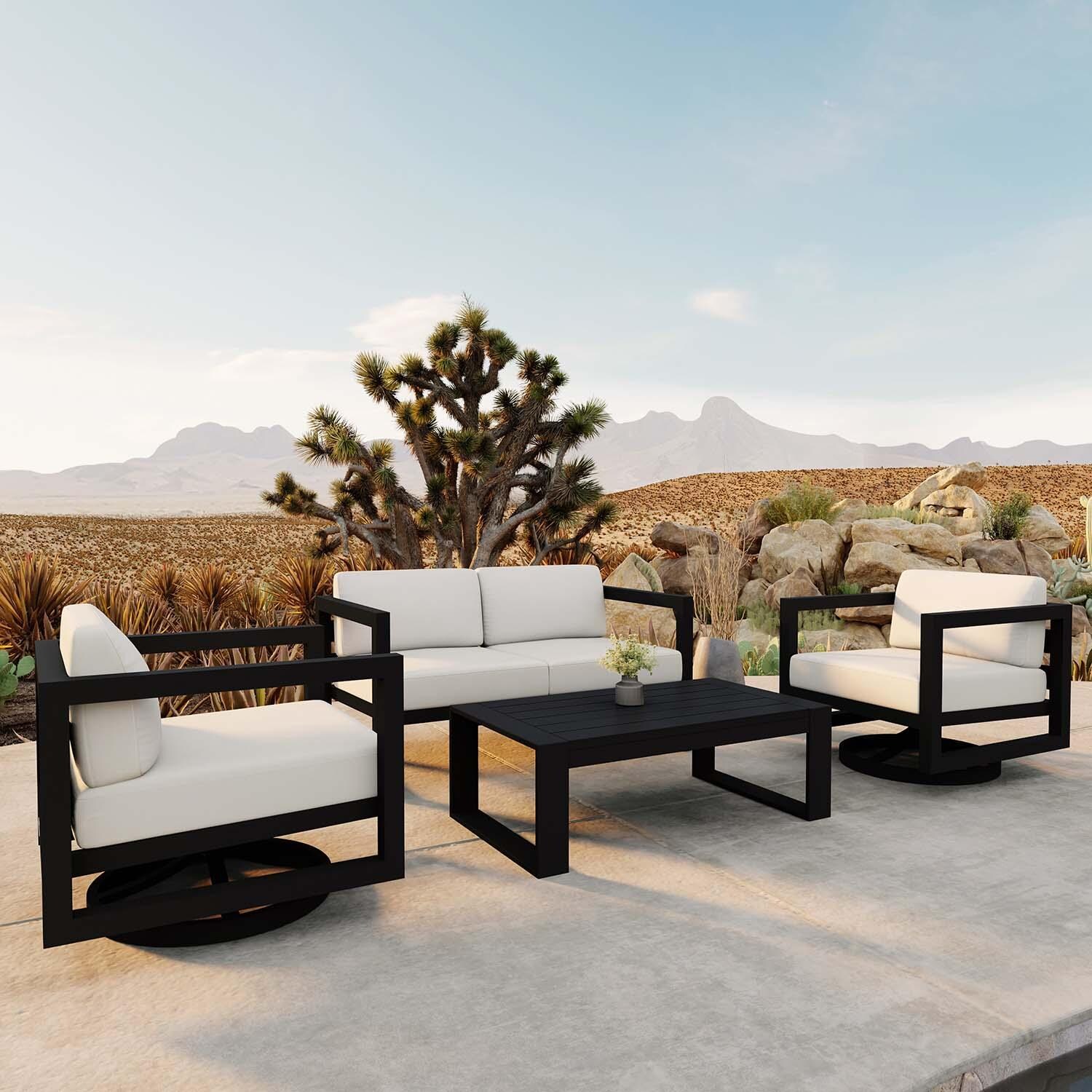 Misty Cove 4 Pc Aluminum Loveseat Seating Set w/ Swivel Chairs in Black/Canvas Natural by Lakeview Outdoor Designs - Angled - Lifestyle thumbnail