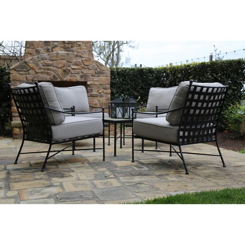 Provence Wrought Iron Club Chair w/ Contrast Spectrum Carbon Welt in Pewter/Canvas Natural by Sunset West - Chairs around Table - Lifestyle thumbnail