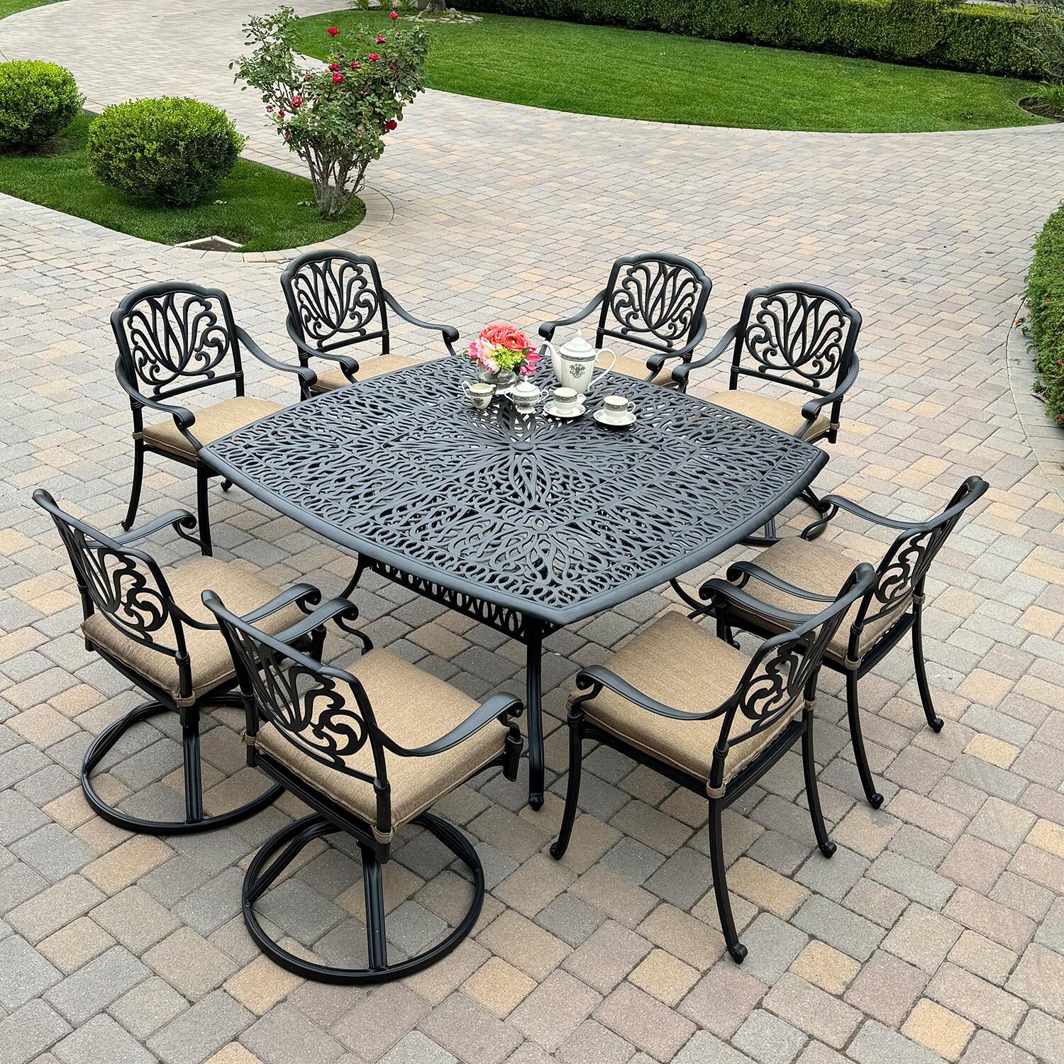 Elisabeth 9 Pc Cast Aluminum Dining Set w/ Swivel Rockers in Antique Bronze by Darlee - Lifestyle thumbnail