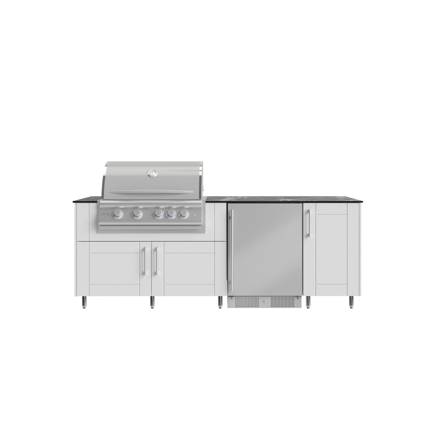 WeatherStrong Bimini 7 1/2 Ft Outdoor Kitchen Island w/ Blaze Propane Grill & Refrigerator in Shell White/Midnight Ice