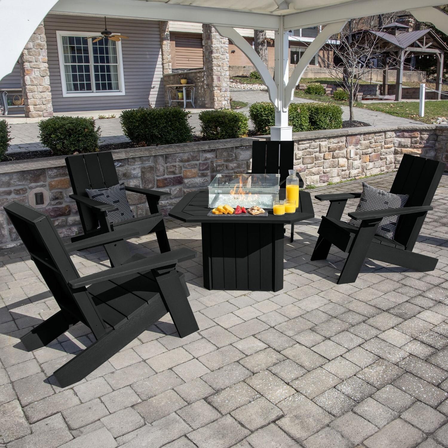 Harborview 5 Pc Recycled Plastic Adirondack Seating Set w/ Fire Pit Table in Black by Lakeview Outdoor Designs